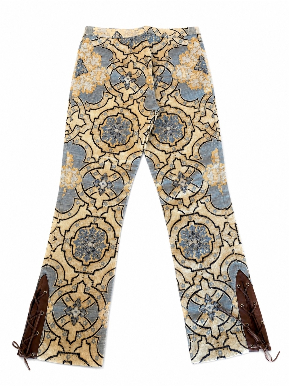 Vintage Tibi Y2K Tapestry Jacquard Wool Blend Pants Leather Lace Up Trim Size 4